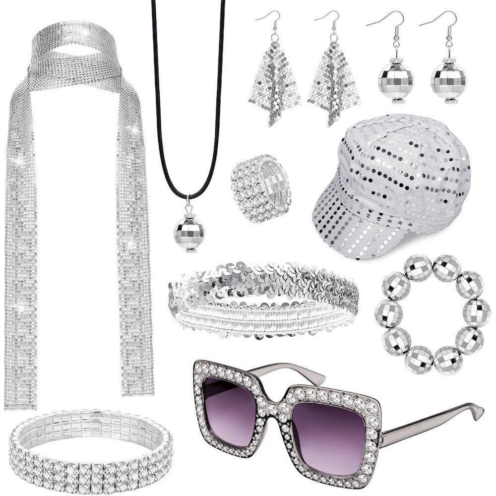 Disco Costume Accessories Set Women Sequin Hat Scarf Headband Sunglasses Jewelry
